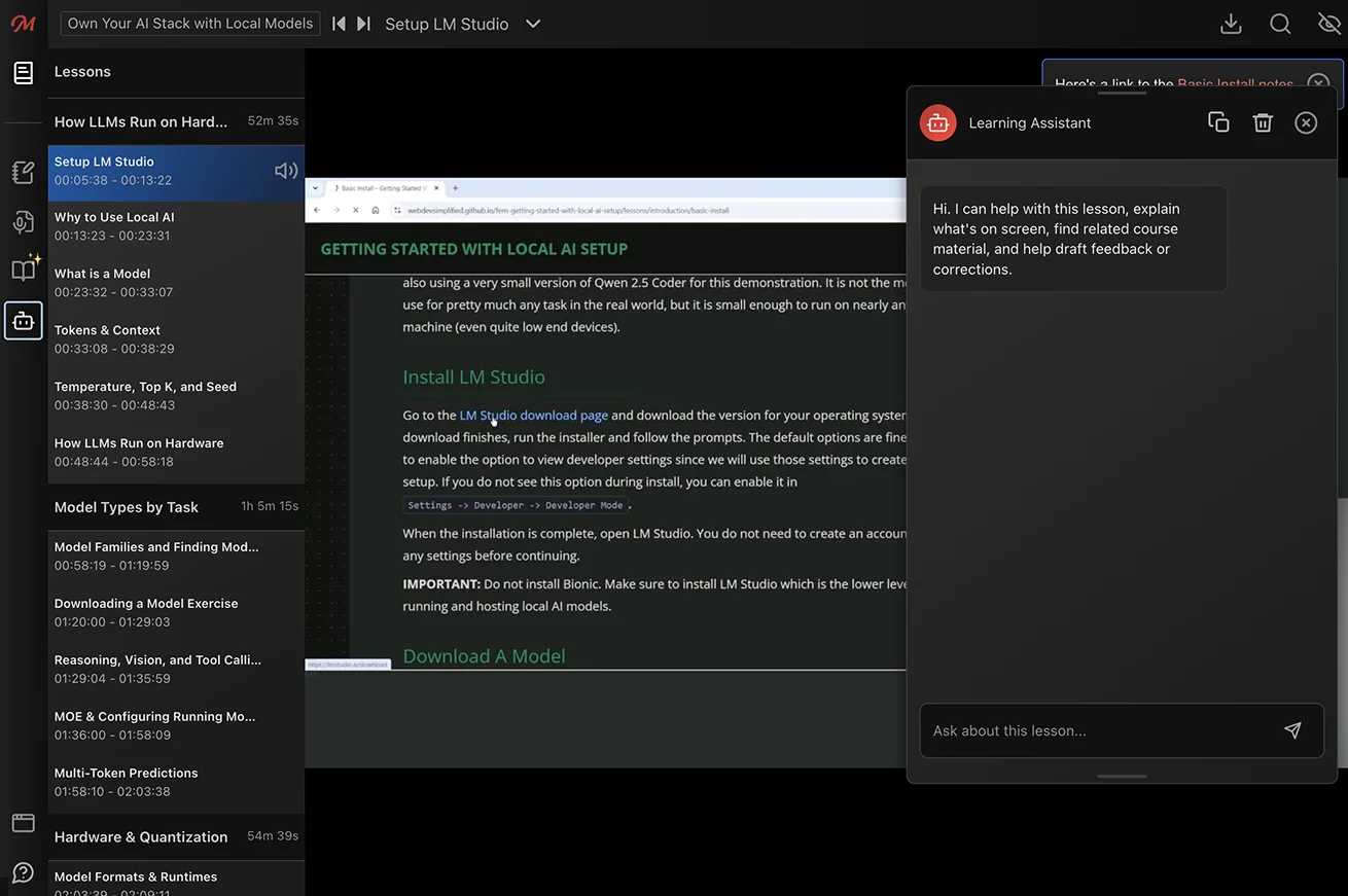 Learning Assistant open beside a course lesson in the video player
