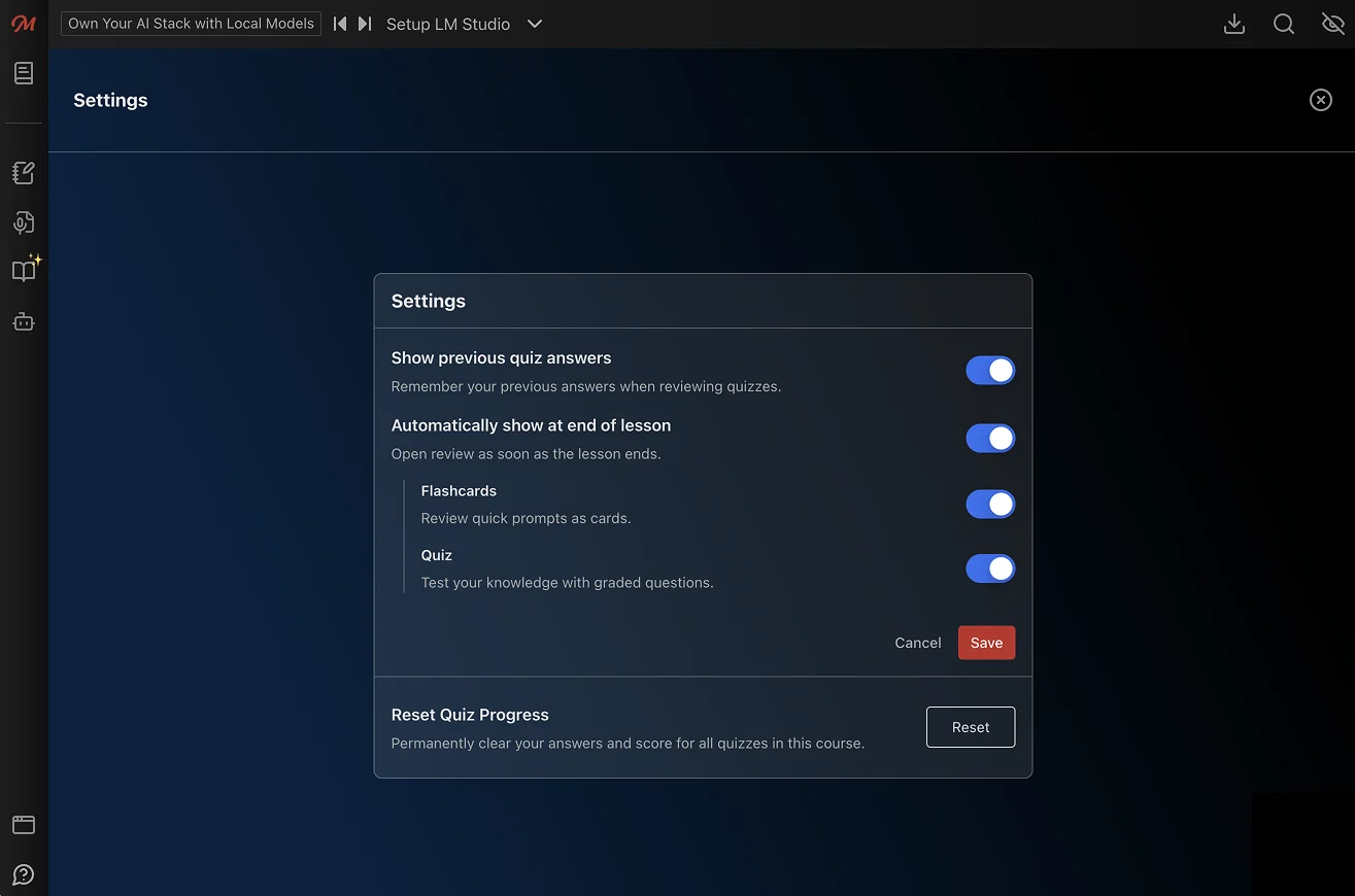 Lesson Review settings for automatic lesson reviews, flashcards, and quizzes