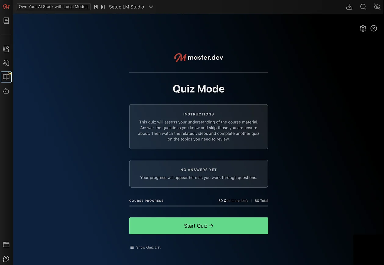 Quiz Mode start screen with course progress and the Start Quiz button
