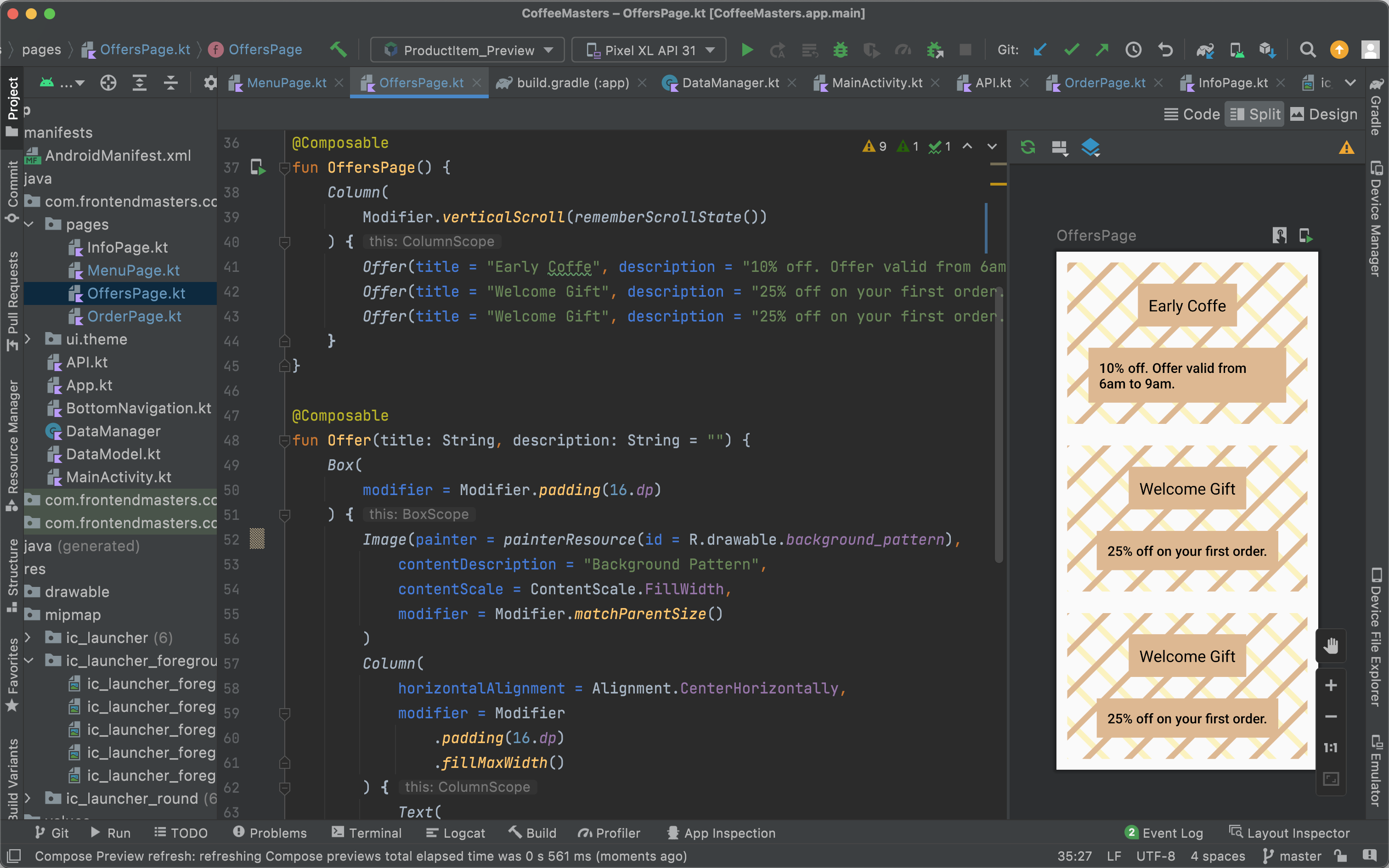 Android Studio coding and previewing composables