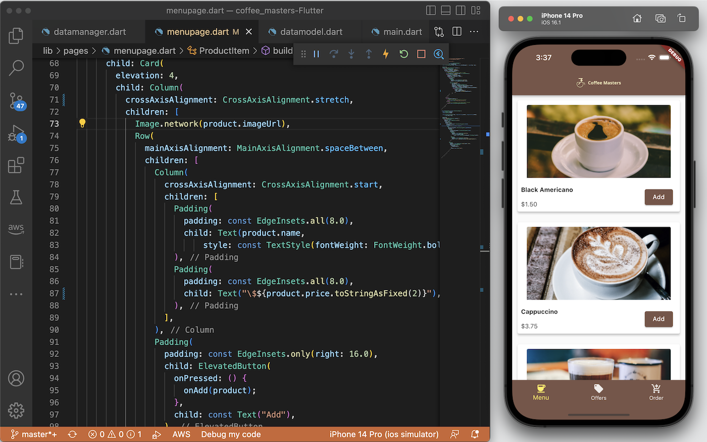 Visual Studio Code with a Flutter project in action