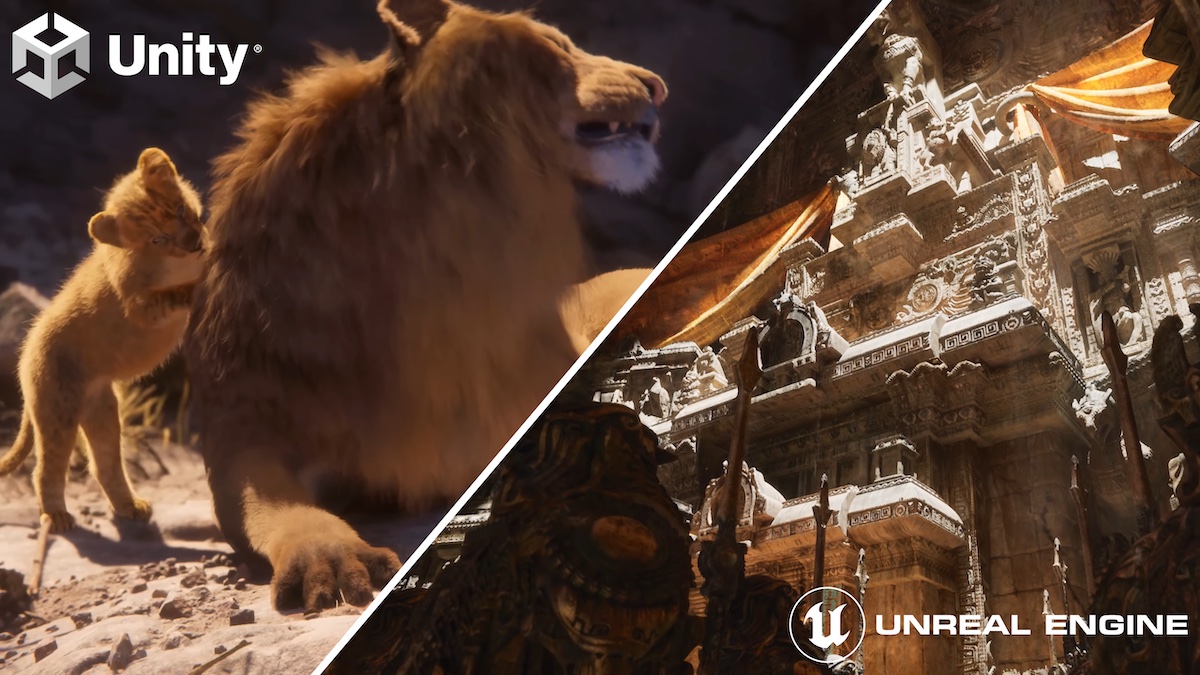 Images rendered in Unity and Unreal. The image on the left is rendered in Unity and depicts an adult male lion and a lion cub. The image on the right is rendered in Unreal and shows the interior of an ancient temple.