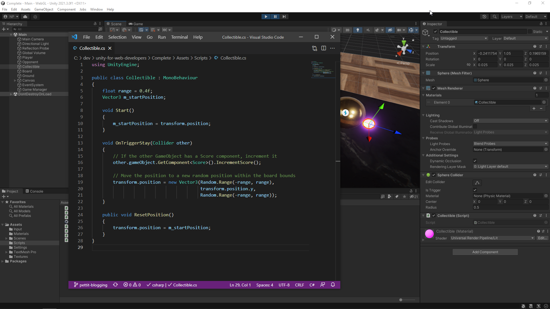 Screenshot of Visual Studio Code overlaid on top of Unity. The code file contains a script called Collectible.cs and contains code that allows players to collect a glowing sphere. In Unity, the same script component can be seen attached to a GameObject.