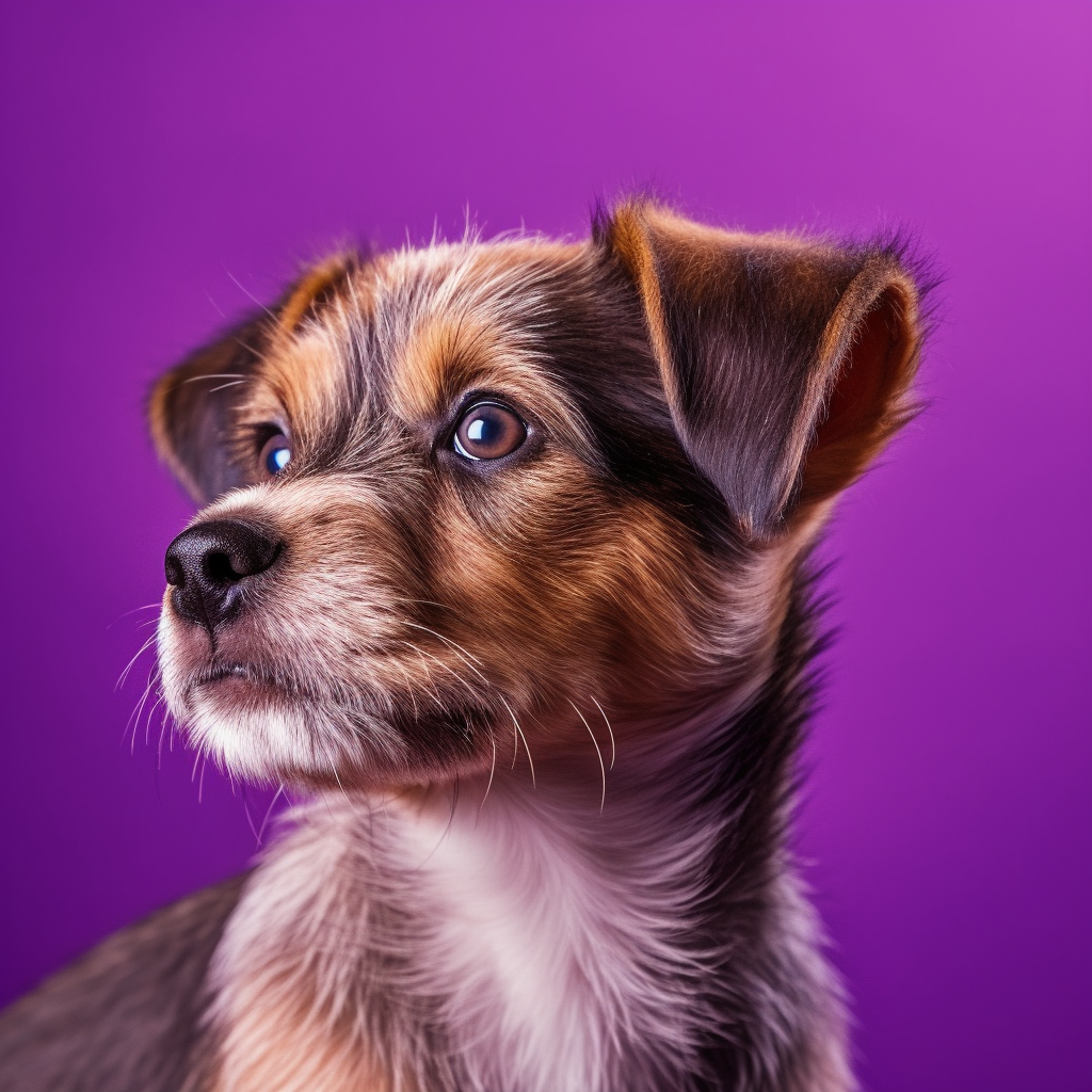 A portrait of an adorable puppy looking left. Plain purple backdrop. Photo-realistic. Shallow depth of field.